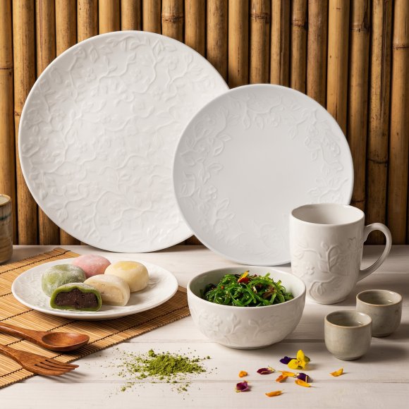 LUBIANA HANAMI Serwis obiadowy 60 el / 12 osób z kubkami i salaterkami | biała porcelana 