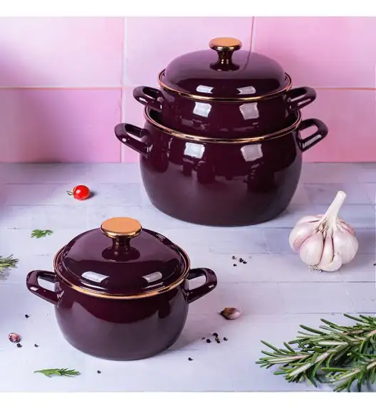 METALAC | BORDEAUX Komplet 3 garnków emaliowanych z pokrywkami / bordowe
