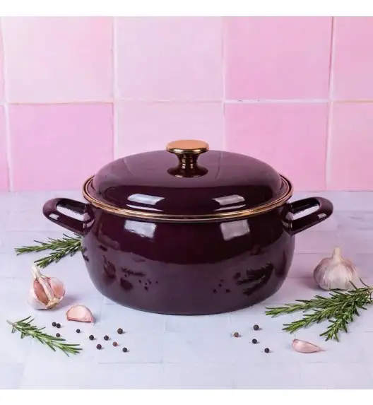 METALAC | BORDEAUX Komplet 3 garnków niskich emaliowanych z pokrywkami / bordowe