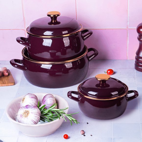METALAC | BORDEAUX Komplet 3 garnków niskich emaliowanych z pokrywkami / bordowe