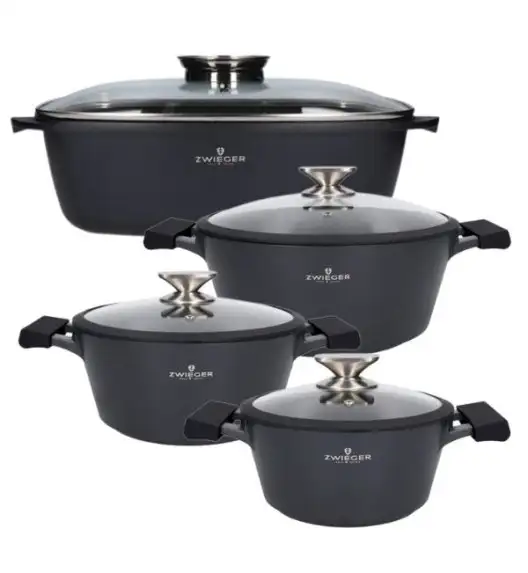 ZWIEGER BLACK STONE Zestaw garnków z pokrywkami 20, 24, 28 cm + Brytfanna 32 cm / GREBLON non-stick