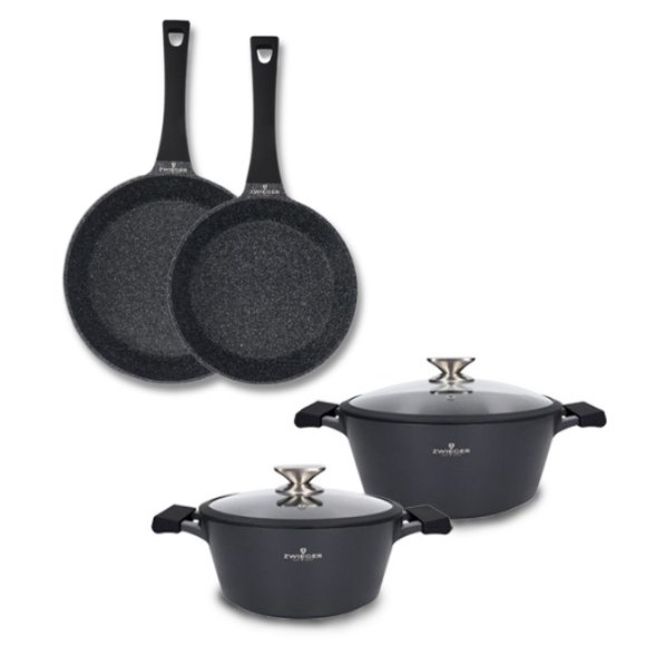 ZWIEGER BLACK STONE Zestaw garnków z pokrywkami 20, 24 cm + Patelnie 20, 24 cm