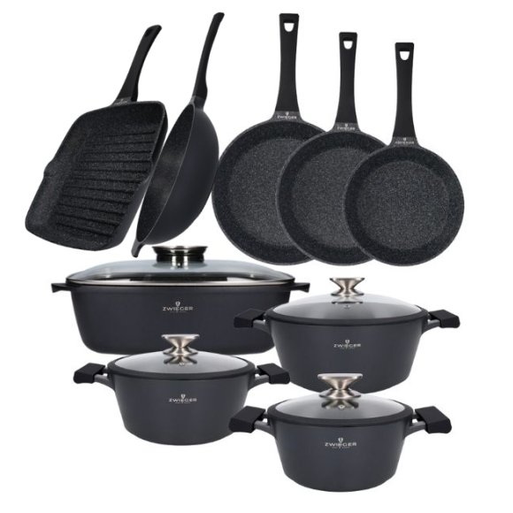 ZWIEGER BLACK STONE Zestaw garnków z pokrywkami 20, 24, 28 cm + Patelnie 20, 24, 28 cm + Grillowa 28 cm + Brytfanna 32 cm + Wok 32 cm