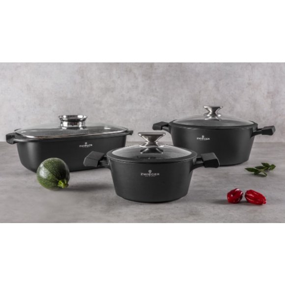 ZWIEGER BLACK STONE Zestaw Garnek z pokrywką 28 cm + Rondel 16 cm + Patelnie 20, 24, 28 cm 