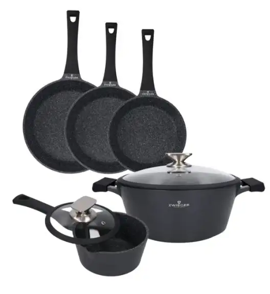 ZWIEGER BLACK STONE Zestaw Garnek z pokrywką 28 cm + Rondel 16 cm + Patelnie 20, 24, 28 cm 