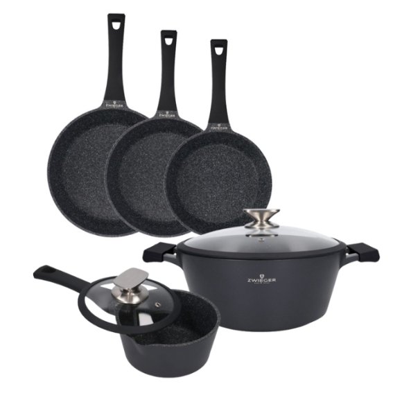 ZWIEGER BLACK STONE Zestaw Garnek z pokrywką 28 cm + Rondel 16 cm + Patelnie 20, 24, 28 cm 