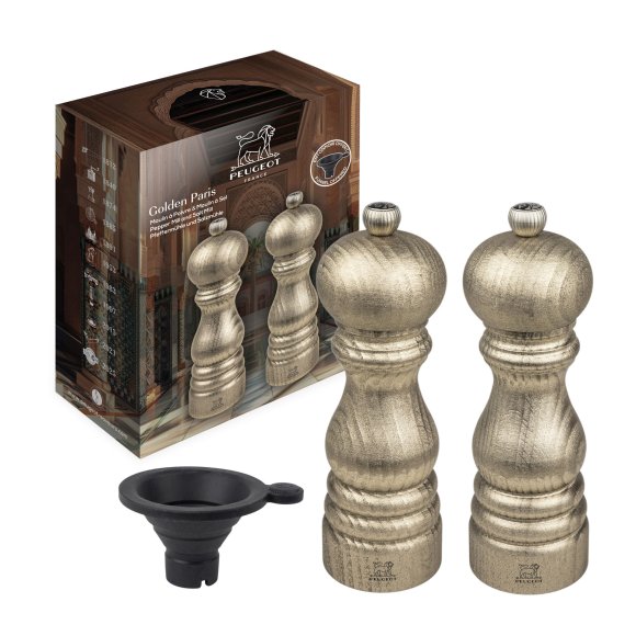 PEUGEOT GOLDEN PARIS Zestaw młynków do pieprzu i soli 18 cm złote