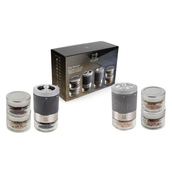 PEUGEOT MAESTRO Zestaw młynków do pieprzu i soli DUO 11 cm + 6 przypraw