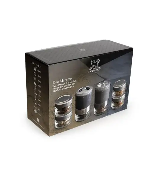 PEUGEOT MAESTRO Zestaw młynków do pieprzu i soli DUO 11 cm + 6 przypraw