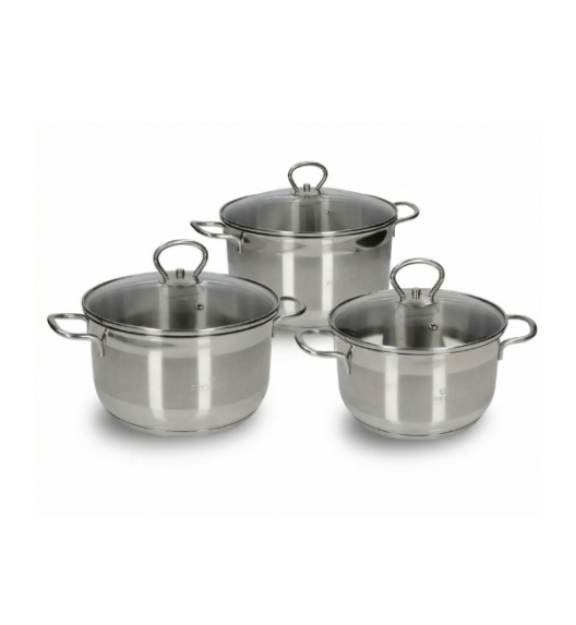 WYPRZEDAŻ! ZWIEGER ROCCA Komplet 6 el garnków 1,8l/ 2,5l, 5,6 l  z pokrywkami 16/18/24 cm / stal nierdzewna AISI 304  - PRIDUKT WYPRZEDAŻOWY! (z oryginalnego kpl 8el)
