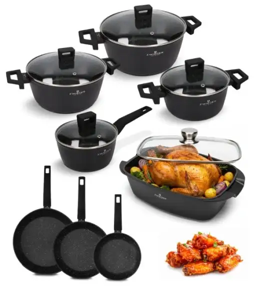 ZWIEGER FORTE Komplet garnków z pokrywkami 16, 18, 20, 24 cm + Patelnie 20, 24, 28 cm + Brytfanna LAVENA