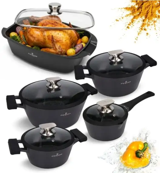 ZWIEGER BLACK STONE Zestaw garnków z pokrywkami 20, 24, 28 cm + Rondel 16 cm + Brytfanna LAVENA