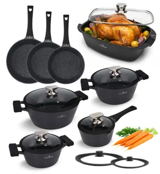 ZWIEGER BLACK STONE Zestaw garnków z pokrywkami 20, 24, 28 cm + Rondel 16 cm + Patelnie 20, 24, 28 cm + Brytfanna LAVENA + Pokrywki silikonowe TADAR