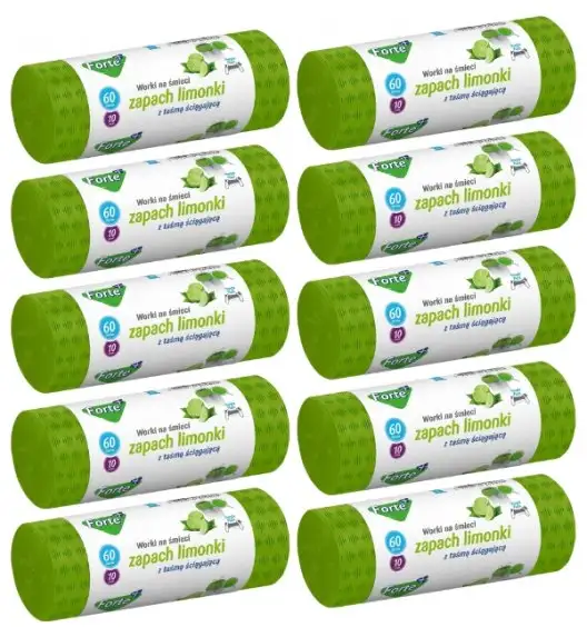 FORTE+ Komplet 10x Worki na śmieci 60 L / 10 szt. / LDPE / z taśmą / moletowane (z przetłoczeniami) / zapach limonka