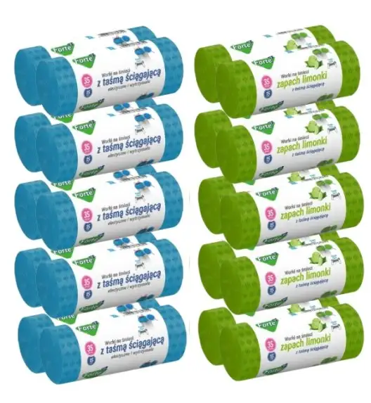 FORTE+ Komplet 10x Worki na śmieci 35 L | 15 szt. + 10x Worki na śmieci 35 L | 15 szt. (zapach limonka) / LDPE / z taśmą i przetłoczeniami