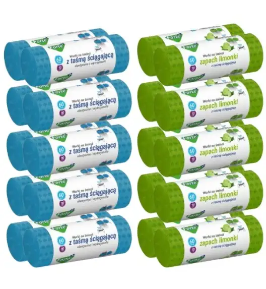 FORTE+ Komplet 10x Worki na śmieci 60 L | 10 szt.+ 10x Worki na śmieci 60 L | 10 szt. (zapach limonka) / LDPE / z taśmą i przetłoczeniami