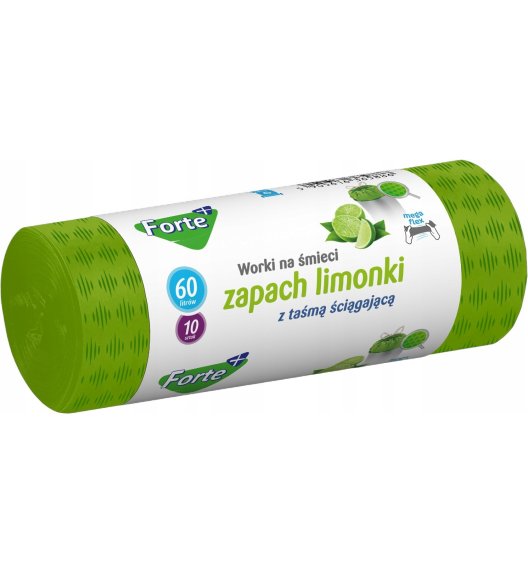 FORTE+ Worki na śmieci 60 L / 10 szt. / LDPE / z taśmą / moletowane (z przetłoczeniami) / zapach limonka