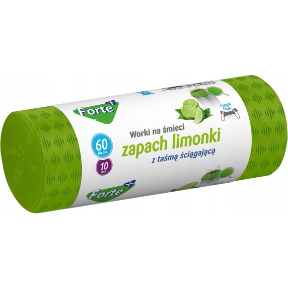 FORTE+ Worki na śmieci 60 L / 10 szt. / LDPE / z taśmą / moletowane (z przetłoczeniami) / zapach limonka