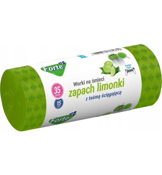 FORTE+ Worki na śmieci 35 L / 15 szt. / LDPE / z taśmą / moletowane (z przetłoczeniami) / zapach limonka