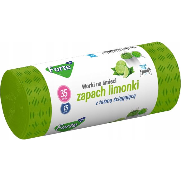 FORTE+ Worki na śmieci 35 L / 15 szt. / LDPE / z taśmą / moletowane (z przetłoczeniami) / zapach limonka