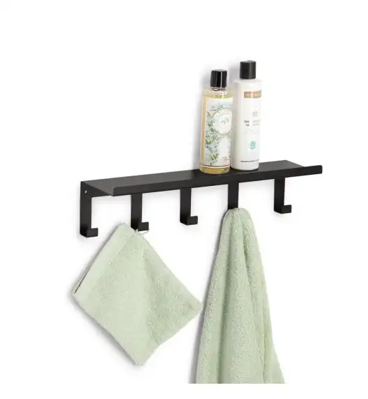 ZELLER | Półka ścienna z haczykami metalowa czarna 40x11x104cm