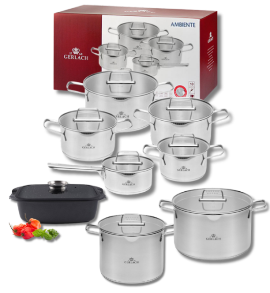 GERLACH AMBIENTE Komplet Garnki z pokrywkami 10 el + Garnki Ambiente 7 l i 10 l + Brytfanna Granitex / stal nierdzewna
