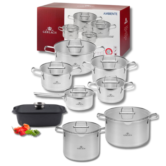 GERLACH AMBIENTE Komplet Garnki z pokrywkami 10 el + Garnki Ambiente 7 l i 10 l + Brytfanna Granitex / stal nierdzewna