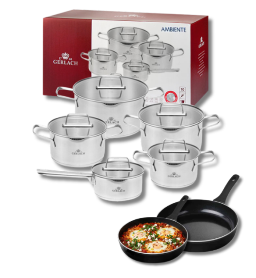 GERLACH AMBIENTE Komplet Garnki z pokrywkami 10 el + Patelnie Harmony Classic 20, 28 cm / stal nierdzewna / indukcja