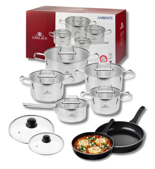 GERLACH AMBIENTE Komplet Garnki z pokrywkami 10 el + Patelnie Harmony Classic 20, 28 cm z pokrywkami / stal nierdzewna / indukcja