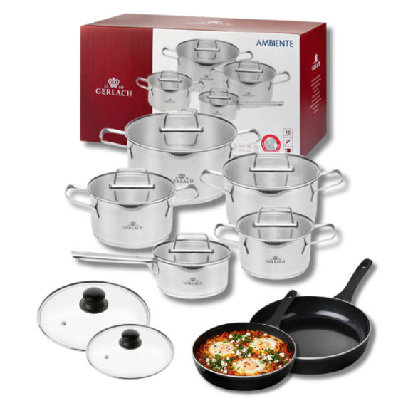 GERLACH AMBIENTE Komplet Garnki z pokrywkami 10 el + Patelnie Harmony Classic 20, 28 cm z pokrywkami / stal nierdzewna / indukcja