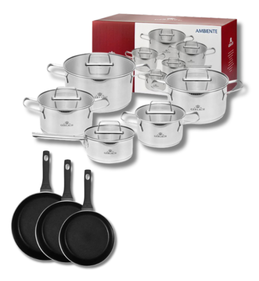 GERLACH AMBIENTE Komplet Garnki z pokrywkami 10 el + Patelnie Harmony Classic 20, 24, 28 cm / stal nierdzewna / indukcja