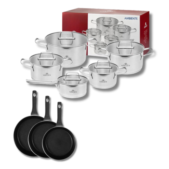 GERLACH AMBIENTE Komplet Garnki z pokrywkami 10 el + Patelnie Harmony Classic 20, 24, 28 cm / stal nierdzewna / indukcja