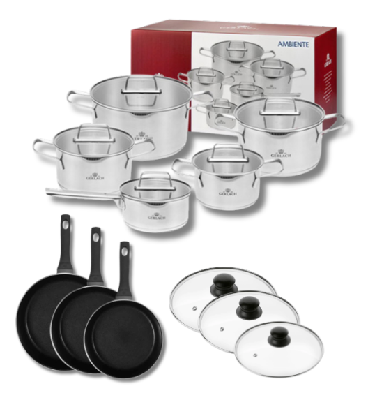 GERLACH AMBIENTE Komplet Garnki z pokrywkami 10 el + Patelnie Harmony Classic 20, 24, 28 cm z pokrywkami / stal nierdzewna / indukcja