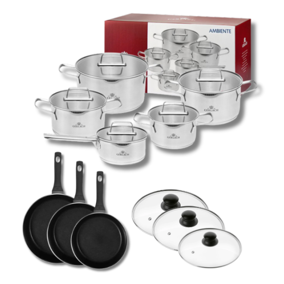 GERLACH AMBIENTE Komplet Garnki z pokrywkami 10 el + Patelnie Harmony Classic 20, 24, 28 cm z pokrywkami / stal nierdzewna / indukcja