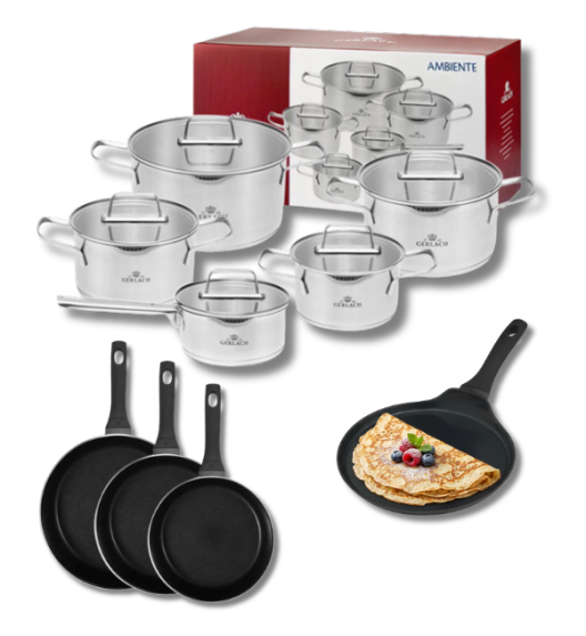 GERLACH AMBIENTE Komplet Garnki z pokrywkami 10 el + Patelnie Harmony Classic 20, 24, 28 cm + patelnia naleśnikowa 26 cm / stal nierdzewna / indukcja