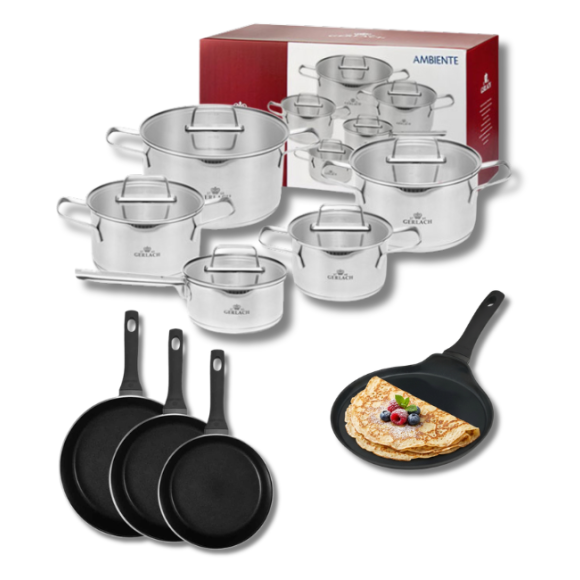 GERLACH AMBIENTE Komplet Garnki z pokrywkami 10 el + Patelnie Harmony Classic 20, 24, 28 cm + patelnia naleśnikowa 26 cm / stal nierdzewna / indukcja