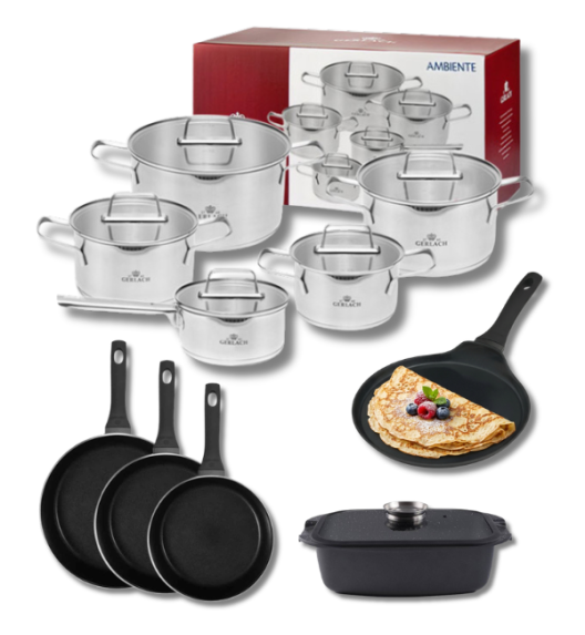 GERLACH AMBIENTE Komplet Garnki z pokrywkami 10 el + Patelnie Harmony Classic 20, 24, 28 cm + patelnia naleśnikowa 26 cm + Brytfanna / stal nierdzewna / indukcja