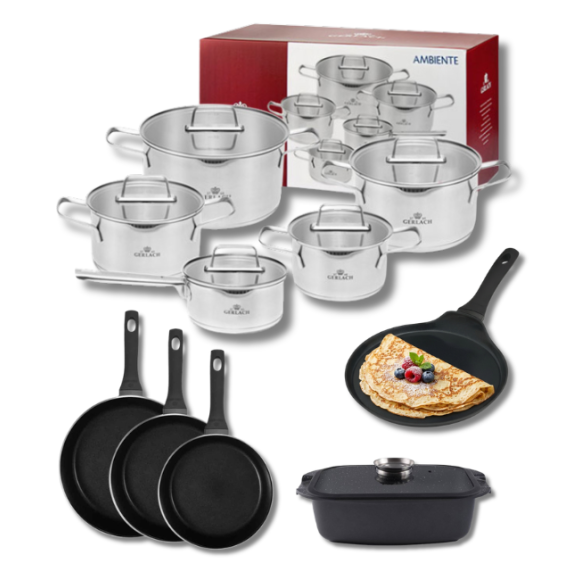 GERLACH AMBIENTE Komplet Garnki z pokrywkami 10 el + Patelnie Harmony Classic 20, 24, 28 cm + patelnia naleśnikowa 26 cm + Brytfanna / stal nierdzewna / indukcja