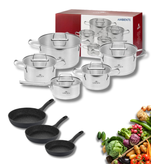 GERLACH AMBIENTE Komplet Garnki z pokrywkami 10 el + Patelnie Granitex 20, 24, 28 cm / stal nierdzewna / indukcja