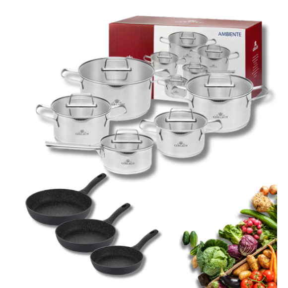 GERLACH AMBIENTE Komplet Garnki z pokrywkami 10 el + Patelnie Granitex 20, 24, 28 cm / stal nierdzewna / indukcja