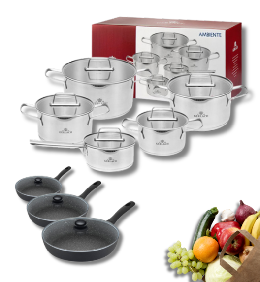 GERLACH AMBIENTE Komplet Garnki z pokrywkami 10 el + Patelnie Granitex 20, 24, 28 cm z pokrywkami / stal nierdzewna / indukcja
