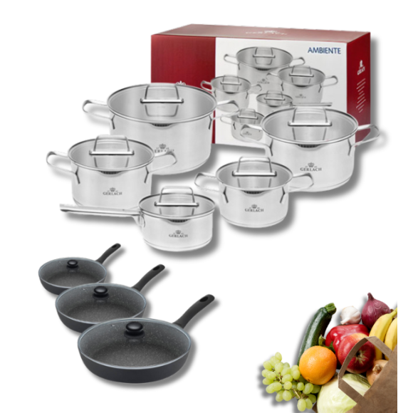 GERLACH AMBIENTE Komplet Garnki z pokrywkami 10 el + Patelnie Granitex 20, 24, 28 cm z pokrywkami / stal nierdzewna / indukcja