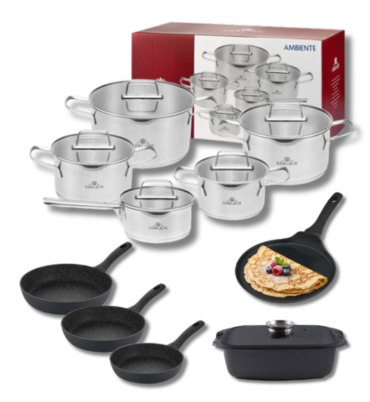 GERLACH AMBIENTE Komplet Garnki z pokrywkami 10 el + Patelnie Granitex 20, 24, 28 cm + patelnia naleśnikowa 26 cm + Brytfanna 32 cm / stal nierdzewna / indukcja