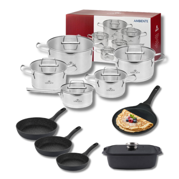 GERLACH AMBIENTE Komplet Garnki z pokrywkami 10 el + Patelnie Granitex 20, 24, 28 cm + patelnia naleśnikowa 26 cm + Brytfanna 32 cm / stal nierdzewna / indukcja
