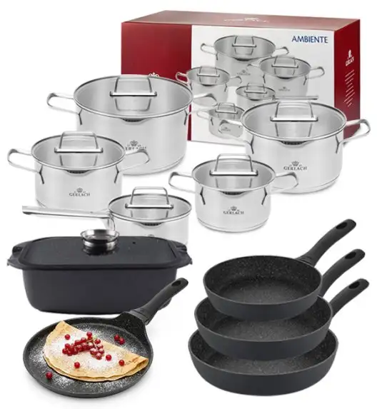 GERLACH AMBIENTE Komplet Garnki z pokrywkami 10 el + Patelnie Granitex 20, 24, 28 cm + patelnia naleśnikowa 25 cm + Brytfanna 32 cm / stal nierdzewna / indukcja