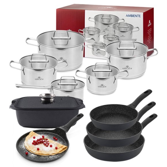 GERLACH AMBIENTE Komplet Garnki z pokrywkami 10 el + Patelnie Granitex 20, 24, 28 cm + patelnia naleśnikowa 25 cm + Brytfanna 32 cm / stal nierdzewna / indukcja