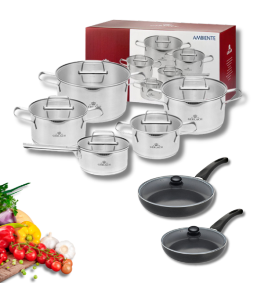 GERLACH AMBIENTE Komplet Garnki z pokrywkami 10 el + Patelnie Initial 24, 28 cm + pokrywki szklane / stal nierdzewna / indukcja