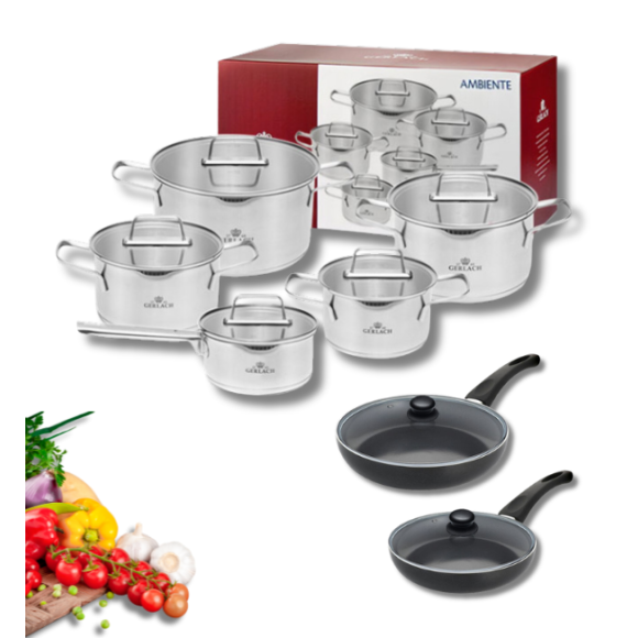 GERLACH AMBIENTE Komplet Garnki z pokrywkami 10 el + Patelnie Initial 24, 28 cm + pokrywki szklane / stal nierdzewna / indukcja