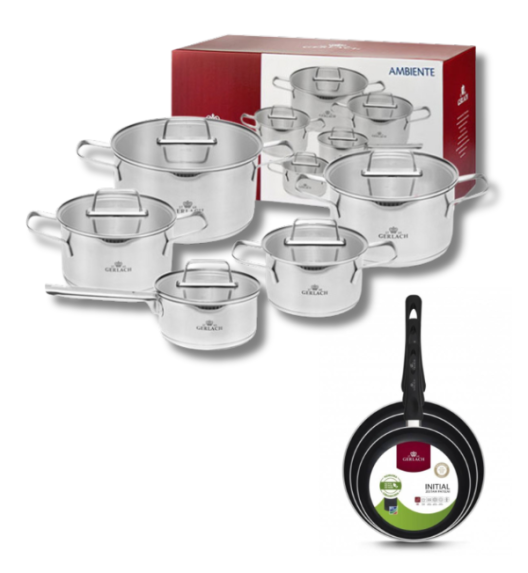 GERLACH AMBIENTE Komplet Garnki z pokrywkami 10 el + Patelnie Initial 20, 24, 28 cm / stal nierdzewna / indukcja