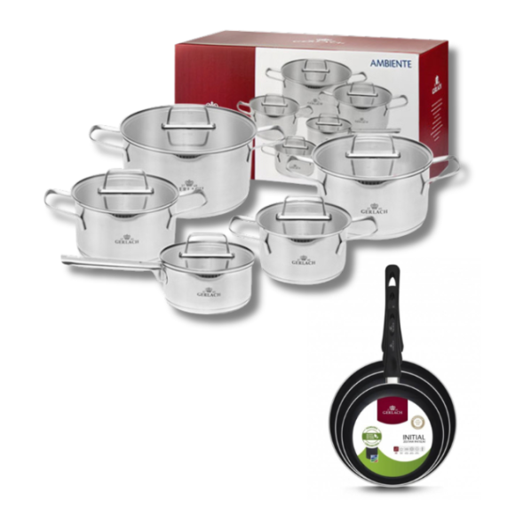 GERLACH AMBIENTE Komplet Garnki z pokrywkami 10 el + Patelnie Initial 20, 24, 28 cm / stal nierdzewna / indukcja